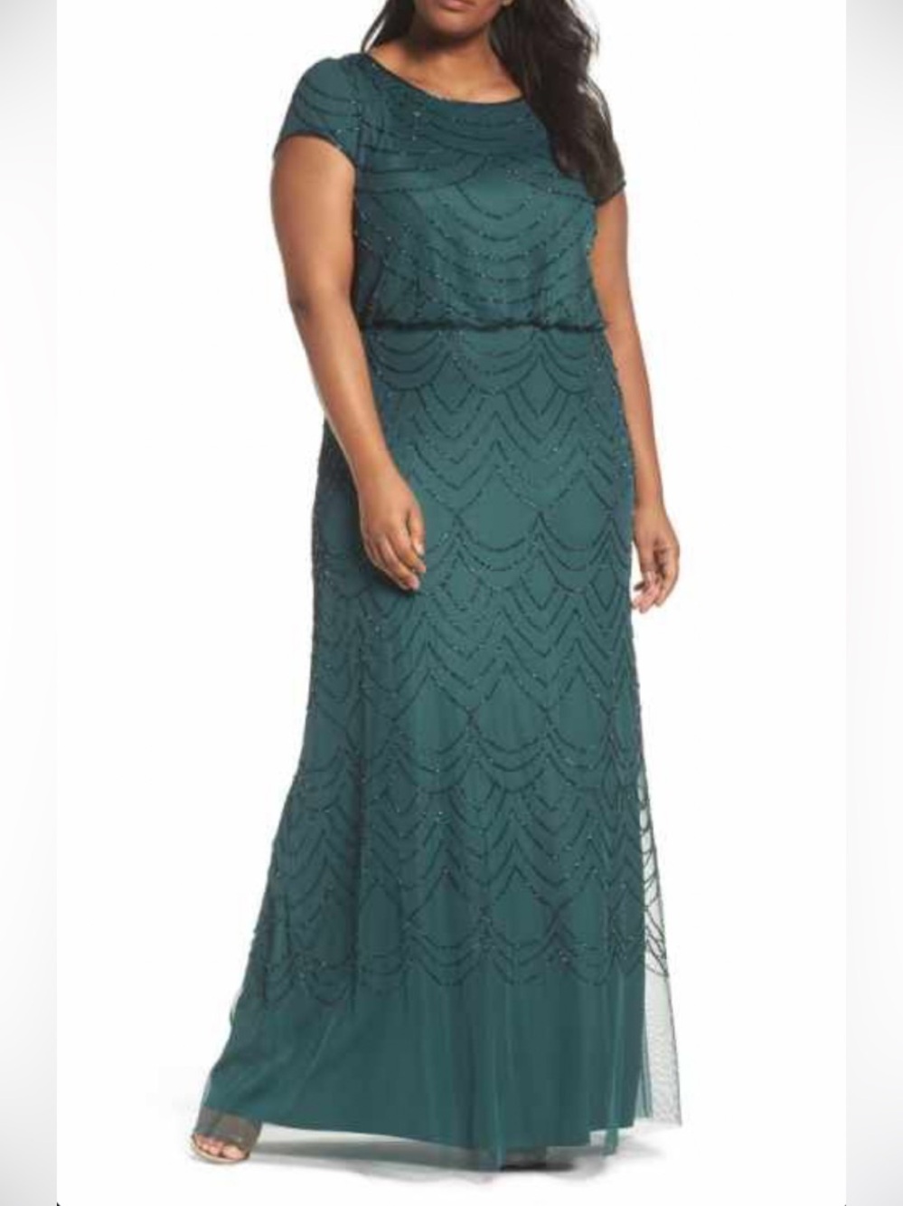 Adrianna Papell Blouson Beaded Evening Maxi Dress In Dusty Emerald Sz 18 NEW